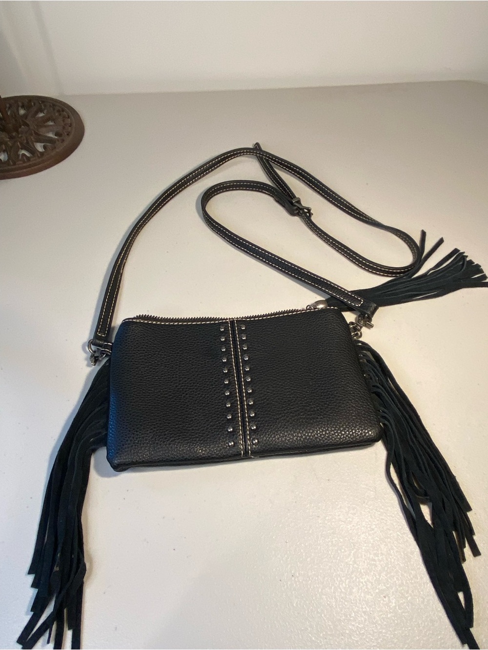 Montana West Black Leather Crossbody with Fringe & Studs